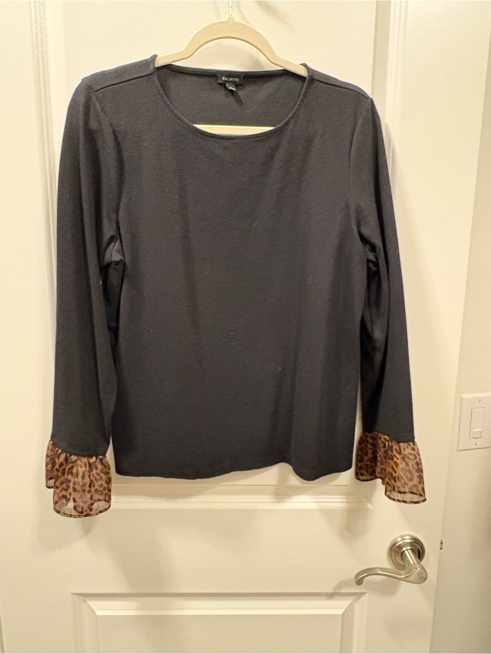 Ellen Tracy Black Long-Sleeve Tee with Leopard Ruffle Cuffs